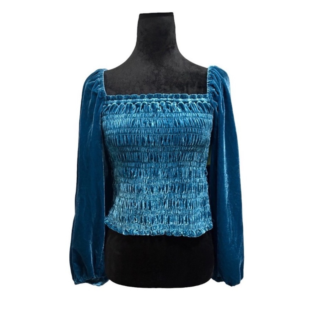 Anthropologie Smocked Velvet Top Women Size M Teal Blue Puff Sleeve EUC
